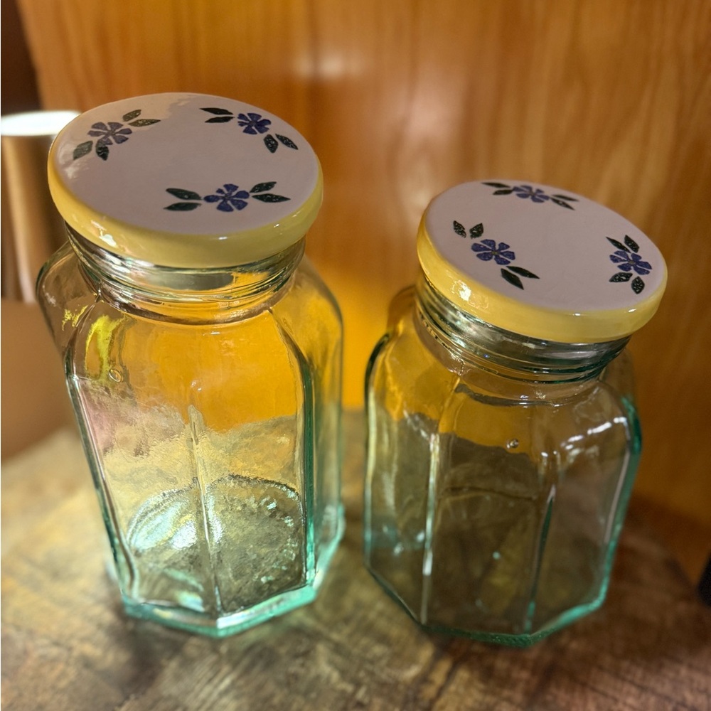 (2) Vintage Italian Green Glass Canisters with Floral Lids Made In Italy EUC